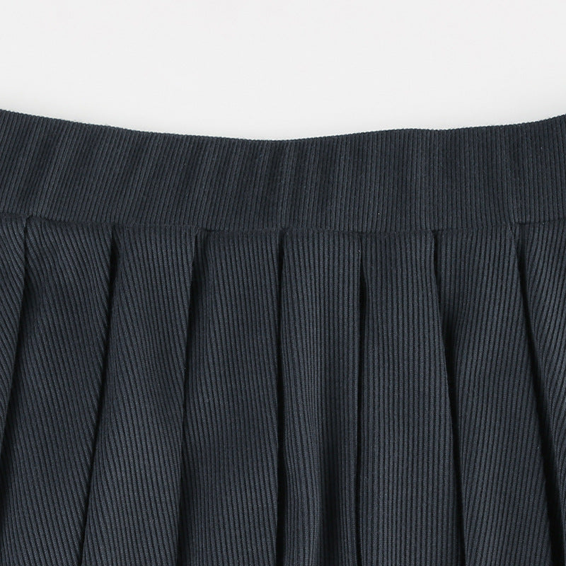 Casual Women Rib Knitted Solid Color Zipper Top Short Sleeve Pleated Skirt Set Short Skirt Two Piece Sets