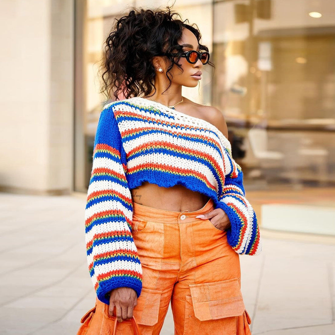 Fall Women Clothing Casual Personality Blue Stitching Long Sleeves Cropped Pullover Sweater