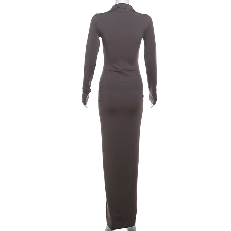 Autumn Winter Sexy Slimming Beam Waist Solid Color Maxi Dress Pleated Dress Women