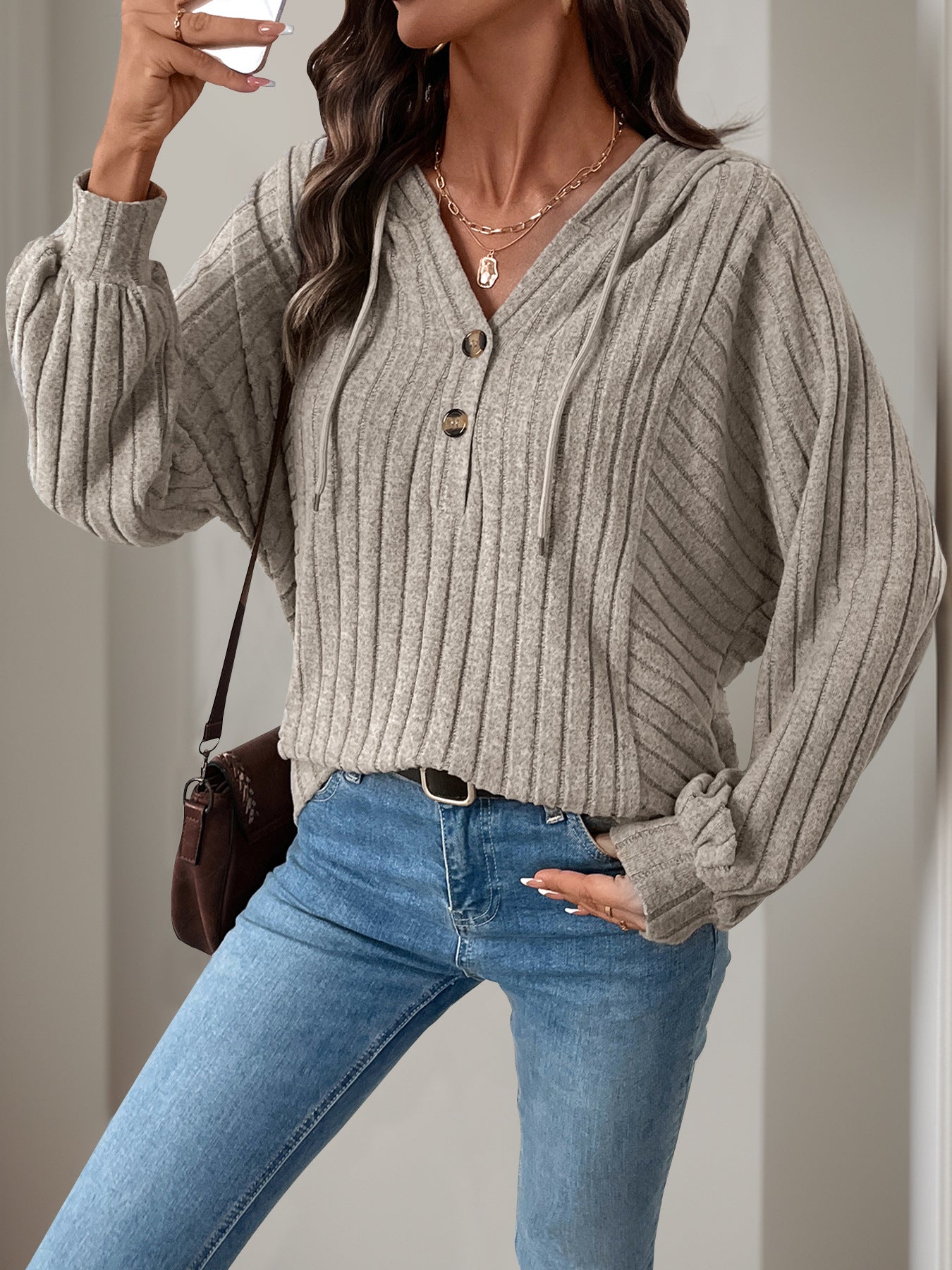 Inner Wear Home Casual Laid Sunken Stripe Hooded Solid Color Sweater Top
