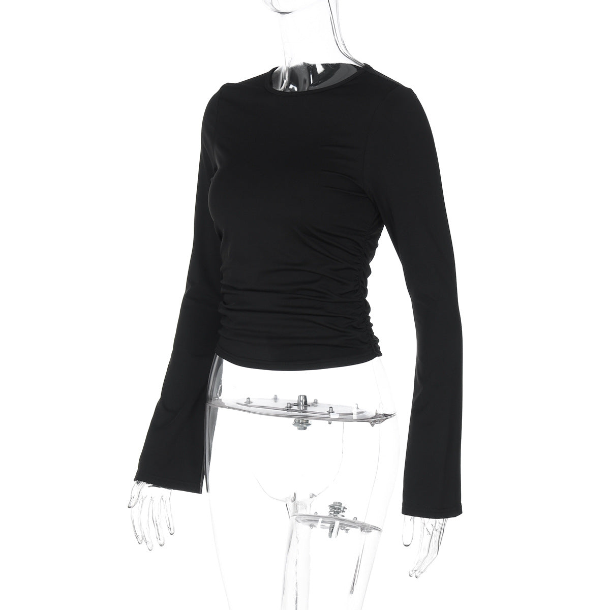 Summer Solid Color round Neck Long Sleeve Slim Fit All Match T shirt Top Women Clothing