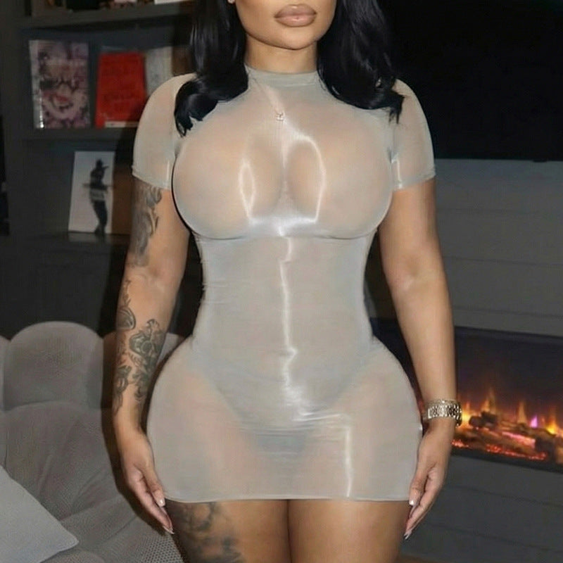 Women Clothing Summer Solid Color Sexy See through round Neck Short Sleeve Slim Fitting Basic Dress