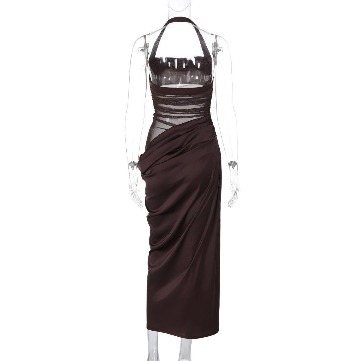 Sexy Mesh Stitching Dress Slim Fit Backless Solid Color Cropped Outfit Halter Split Maxi Dress