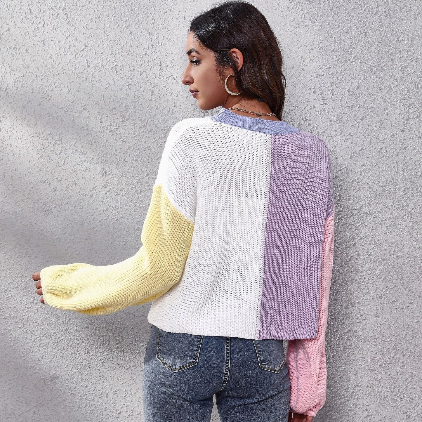 Popular Contrast Color Knitted Cardigan Color Matching Lantern Sleeve Short Sweater for Women Loose