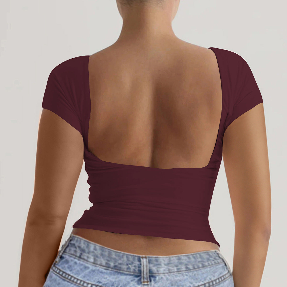 Spring Summer Solid Color round Neck Exposed Back Short Sleeve Sexy Slim Top T shirt Women Clothing