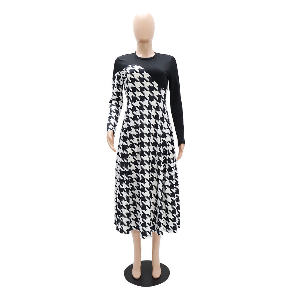 Stitching Houndstooth Spring Autumn All Match Long Sleeve Women Dress