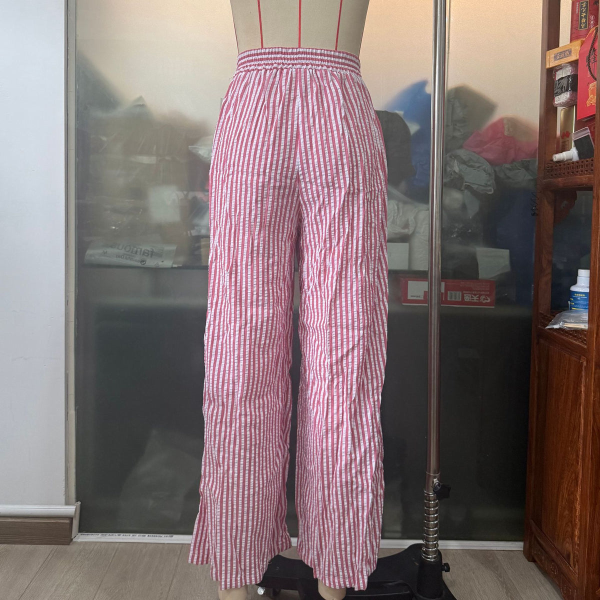 Thin Striped Printed Women Casual Pants Summer Drawstring Straight Loose Wide Leg Mop Pants