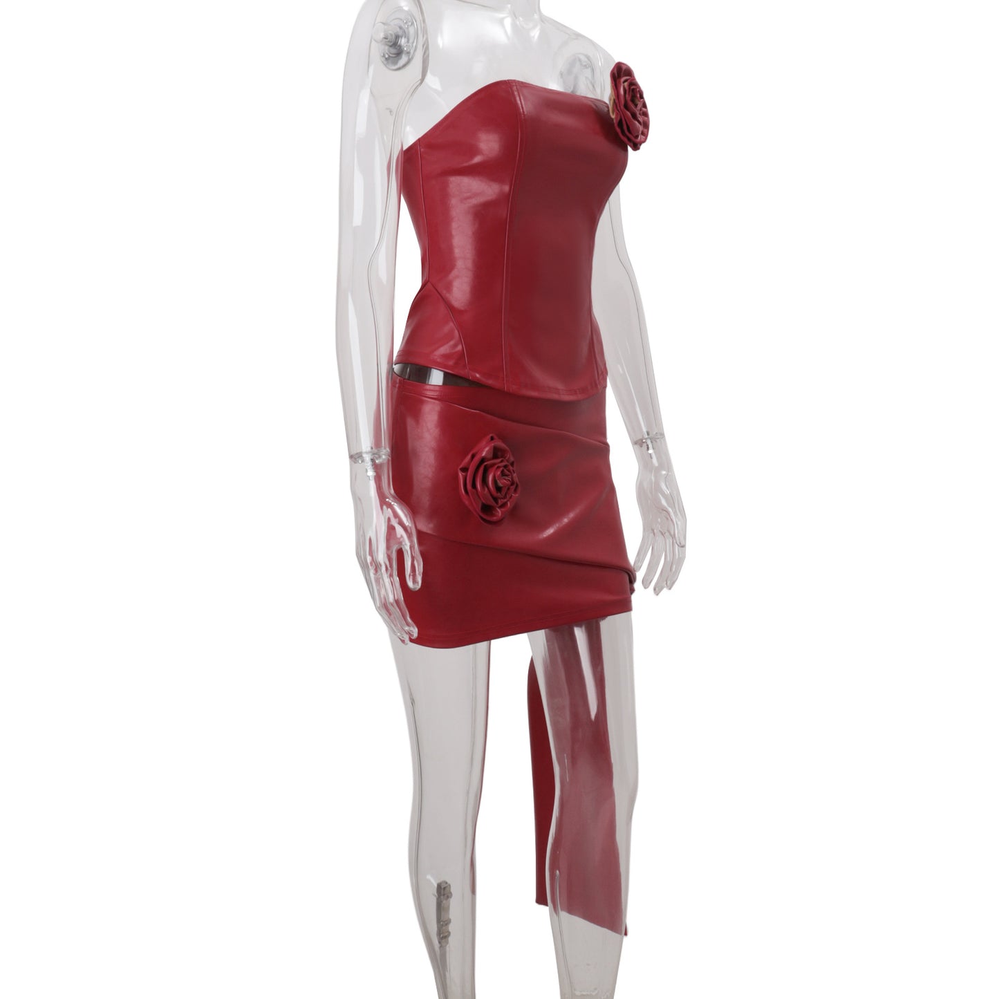 Women Clothing Autumn French Sexy Three Dimensional Floral Faux Leather Tube Top Vest Hip Skirt Set