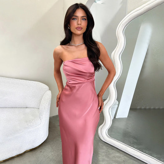 Women Tube Top Sexy Backless Satin Dress Elegant Dress