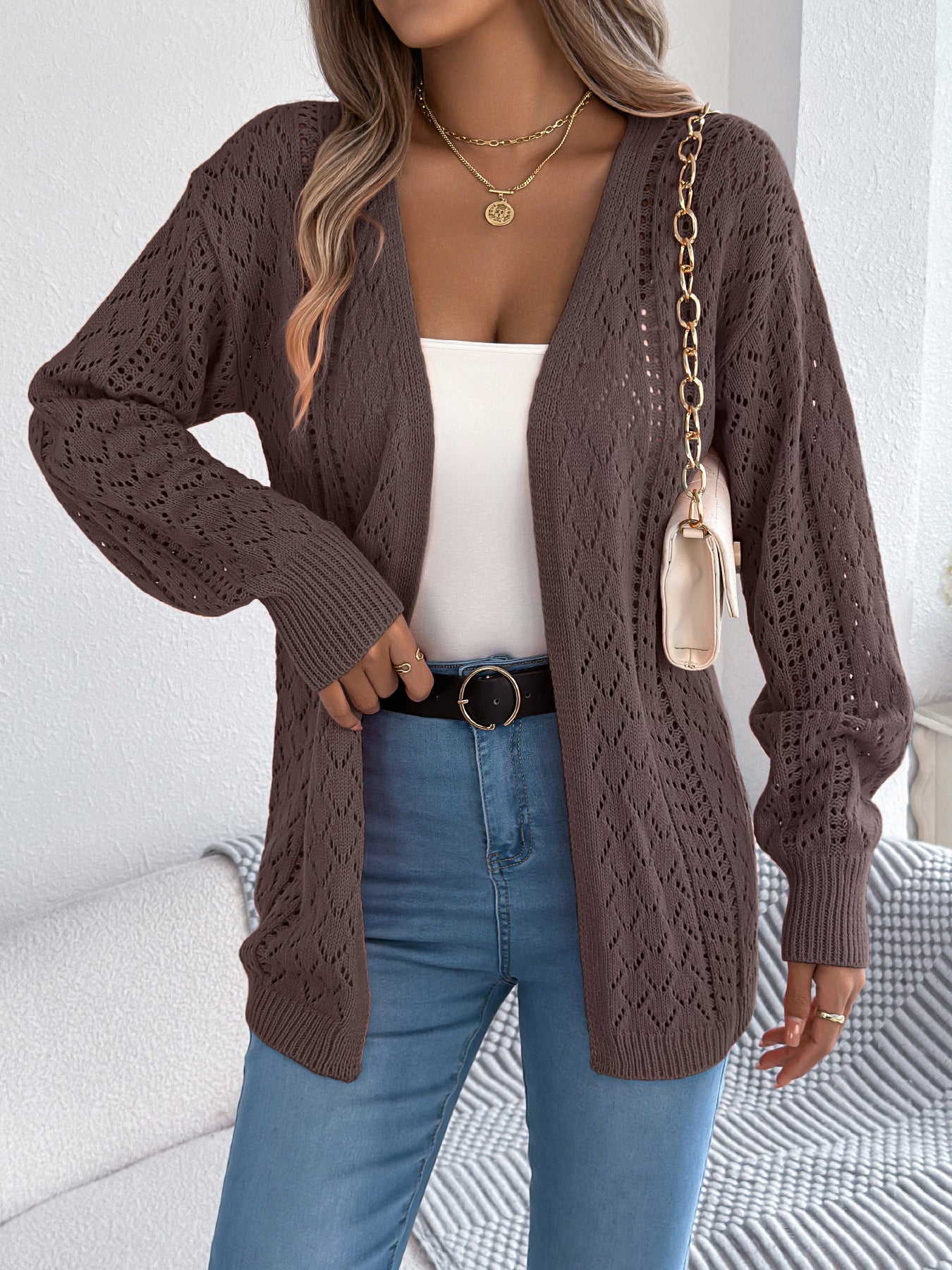 Autumn Winter Hollow Out Cutout out Lantern Long Sleeve Cardigan Sweater Mid Length Coat Women Clothing