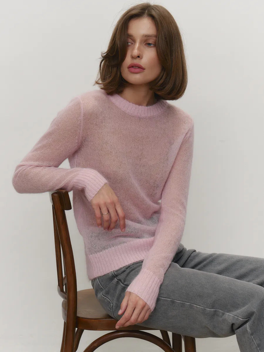 Spring Summer Thin Sweater Blouse Women round Neck See through Basic Knitwear Candy Color