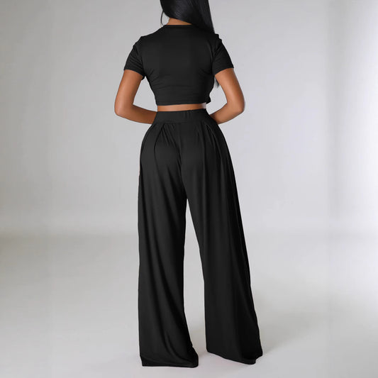 Summer Casual Cropped Top Solid Color Wide Leg Pants Two Piece Set