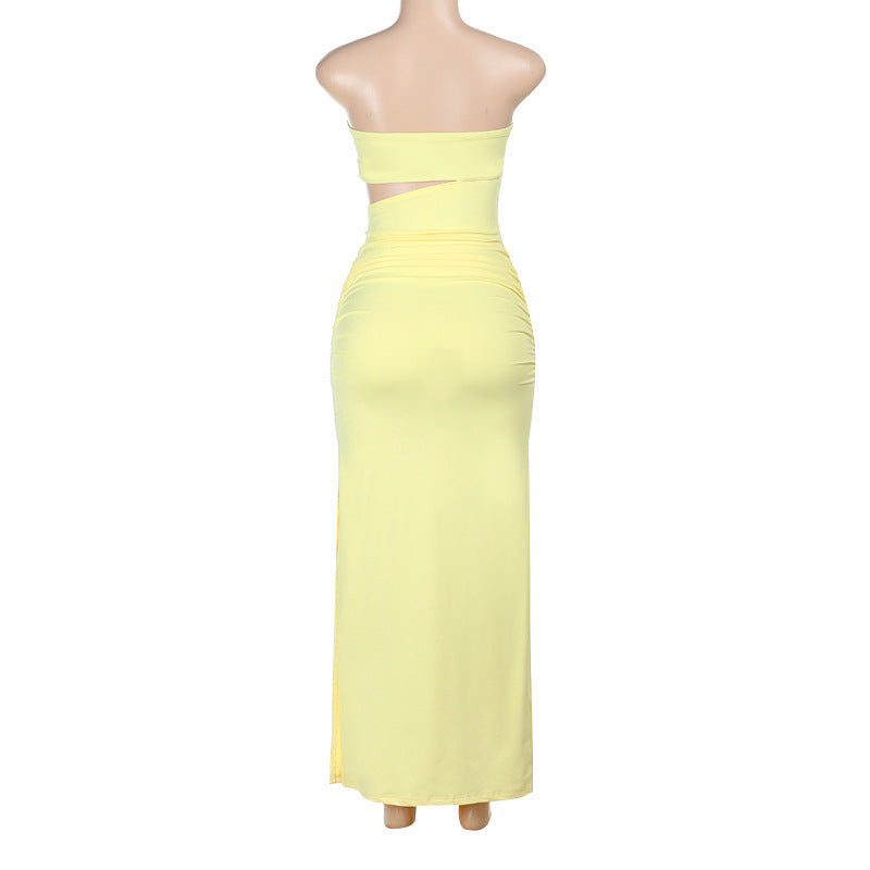 Tube Top Sexy Hollow Out Cutout Split Yellow Dress Women Vacation Sexy Slim Fit Maxi Dress