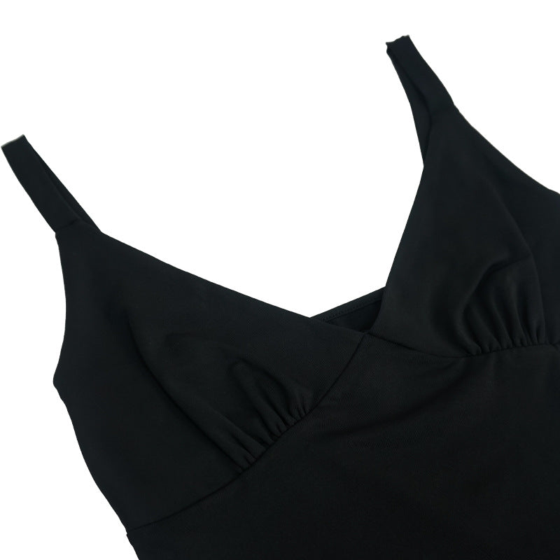 Strap V neck Corset Sleeveless Backless Slim Fit Waist Trimming Ruffles Dress