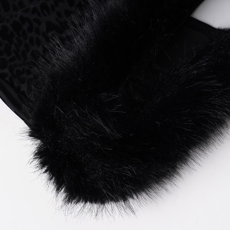 Sexy Flocking Wool Tops Lace up Cardigan Leopard Print Skirt Women Fur Stitching Two Piece Sets