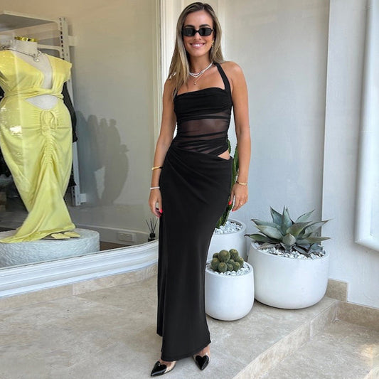 Sexy Mesh Stitching Dress Slim Fit Backless Solid Color Cropped Outfit Halter Split Maxi Dress