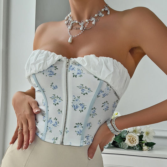 Sexy off Shoulder Bandeau Sexy Chest Flattering Boning Corset Shaping Zipper Cardigan Vest