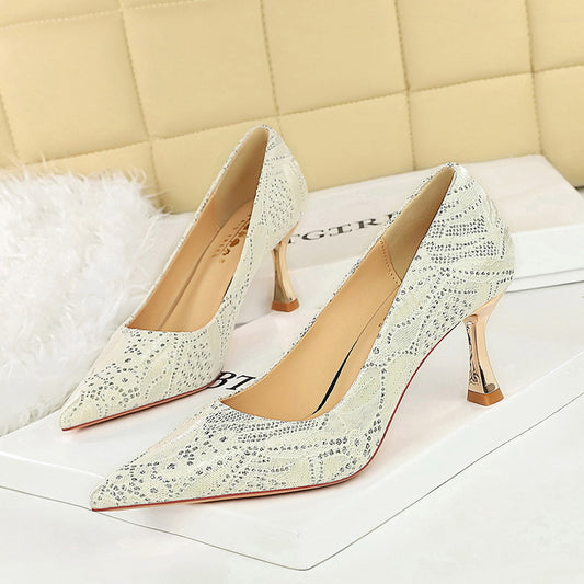 Lace Mid Heel Shoes Pointed Irregular Asymmetric Lines Stiletto Heel Women Professional Shoes