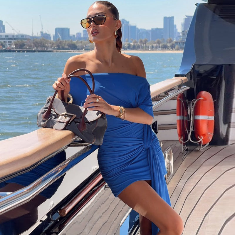 Women Clothing Spring Solid Color Diagonal Collar Short Sleeve Lace up Pleated Waist Tight Slimming Dress