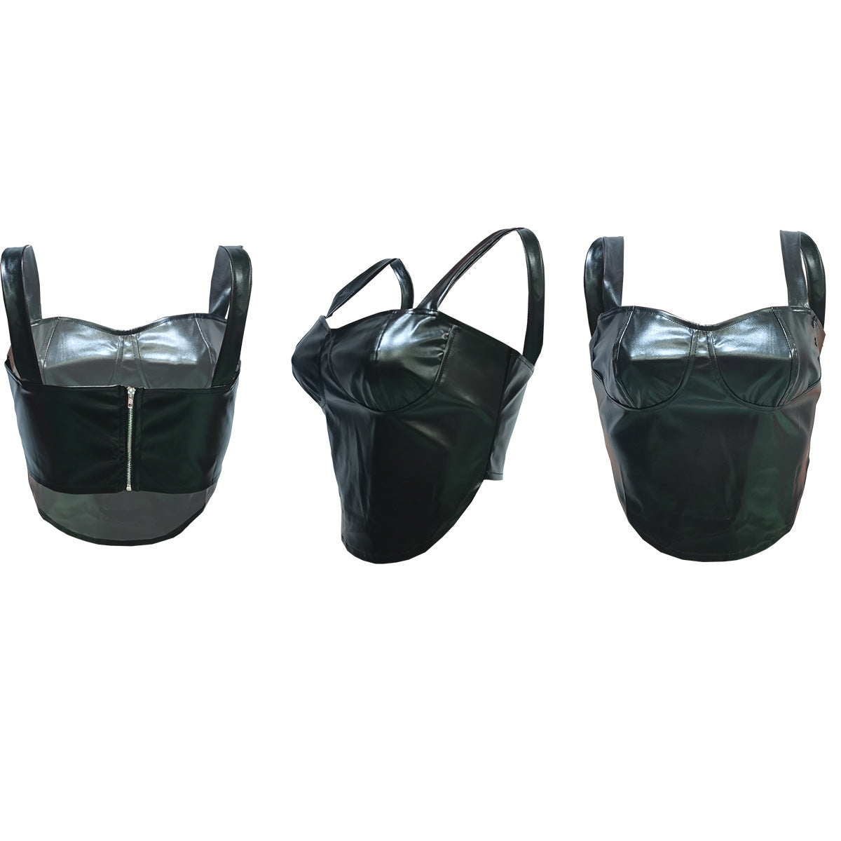Women Clothing Spring Summer Solid Color Faux Leather Sleeveless Spaghetti Straps Corset Zipper Vest