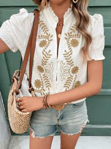 Spring Summer Cotton Embroidered Cardigan with Buckle Puff Short Sleeve T shirt Women