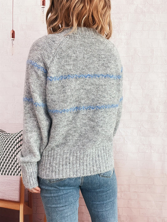 Autumn Winter Clear Cute Floral Embroidery Contrast Color Knitted Pullover Casual Loose Sweater