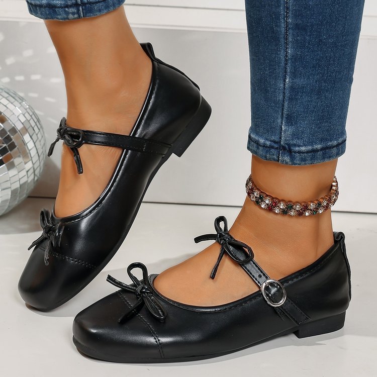 Shallow Mouth Ballet Flat Pumps Women Vintage Bow Low Heel Mary Jane Word Buckle Gomminosho