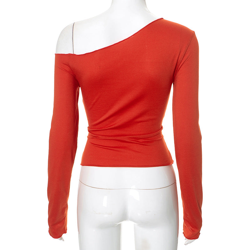 Women Clothing One Shoulder Cold Shoulder Long Sleeve Waist Strap Elegant Short Top