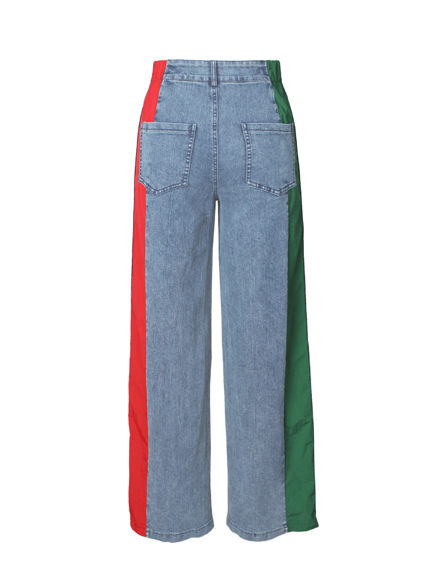 Women Clothing Patchwork Stripes Contrast Color Denim Trousers Casual Waist Stretchy Straight Leg Pants