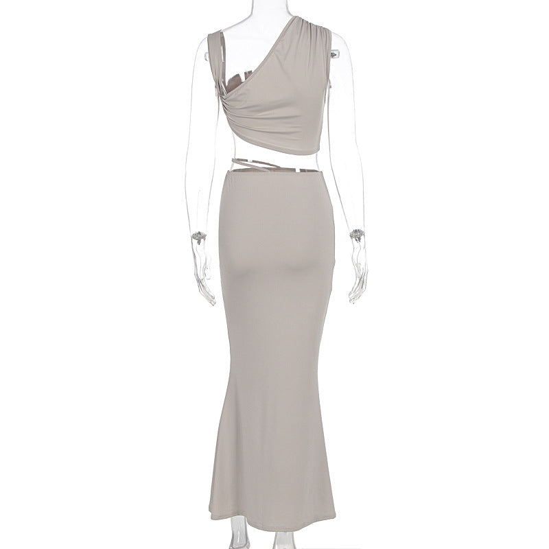 Summer Solid Color Sexy One Shoulder Diagonal Collar Top Exposed Cropped Skirt Two Piece Sets