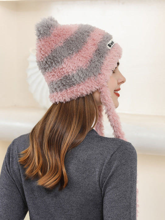 Striped Contrast Color Letter Graphic Braid Woolen Cap Women Winter Warm Casual Cute Plush Earmuffs Hat