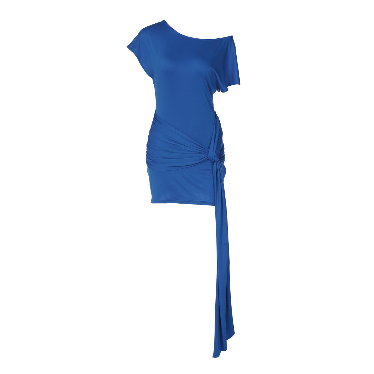 Women Clothing Spring Solid Color Diagonal Collar Short Sleeve Lace up Pleated Waist Tight Slimming Dress