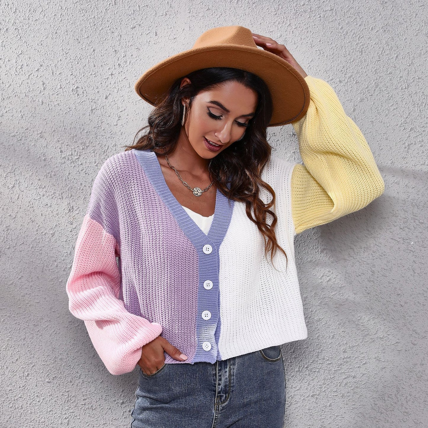 Popular Contrast Color Knitted Cardigan Color Matching Lantern Sleeve Short Sweater for Women Loose