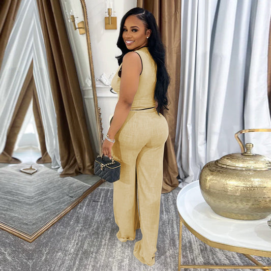 Women Wear Casual V neck Button Top Pants Two Piece Set