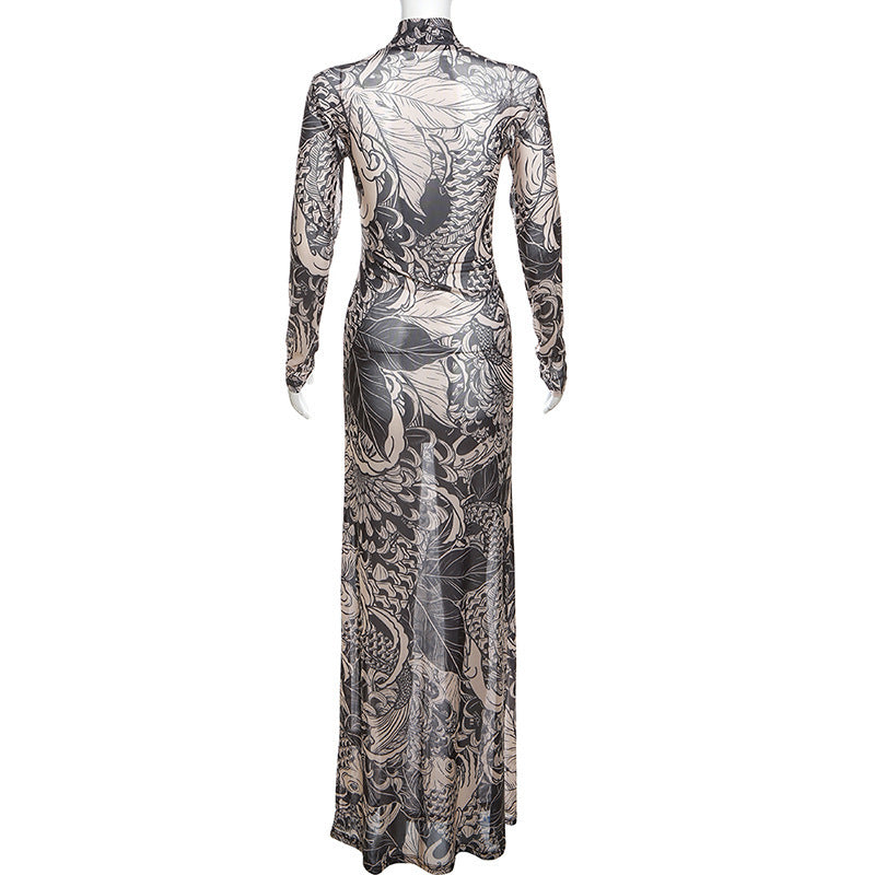 Women Clothing Autumn Personality Mesh Printed See through High Collar Slim Fit Slimming Dress