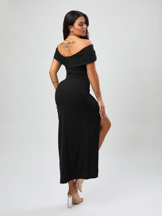 Maxi Dress Autumn Solid Color Off Neck Tight Sexy Slit Dress
