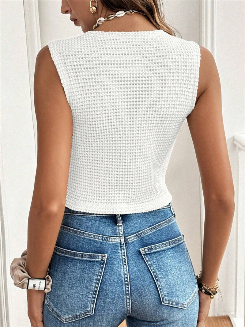 Casual Simple V neck Three Button Women Vest T shirt Top