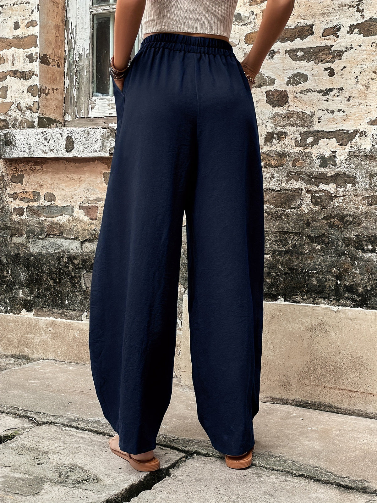 Women Clothing Large Pocket Women Casual Elastic Waist Trousers