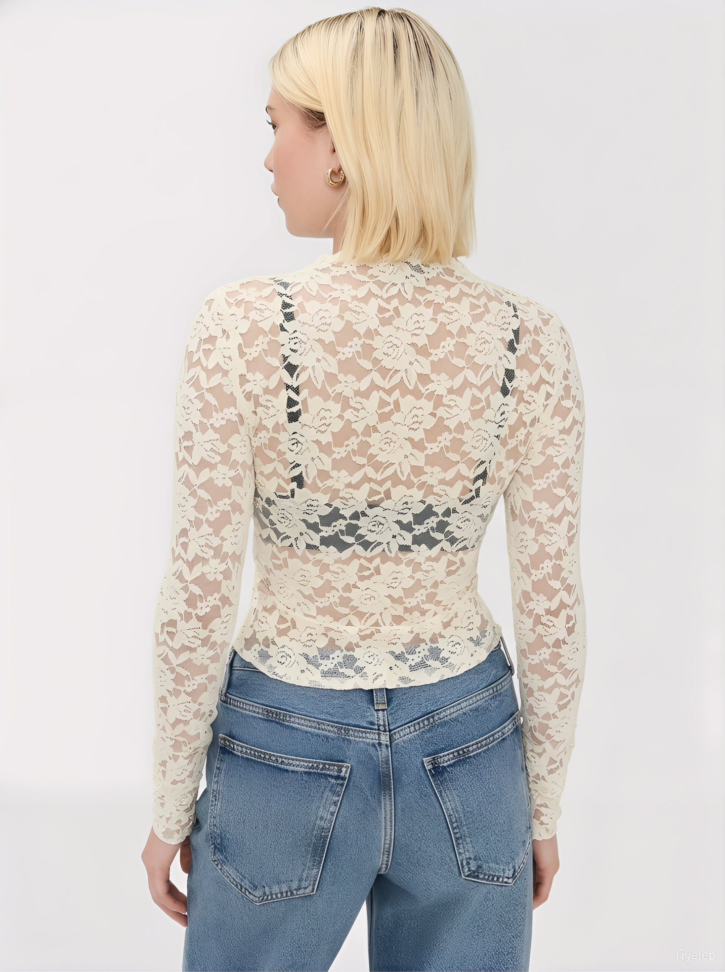 Women Clothing Turtleneck Lace Top Elastic Light Thin Mesh Long Sleeve Bottoming Shirt