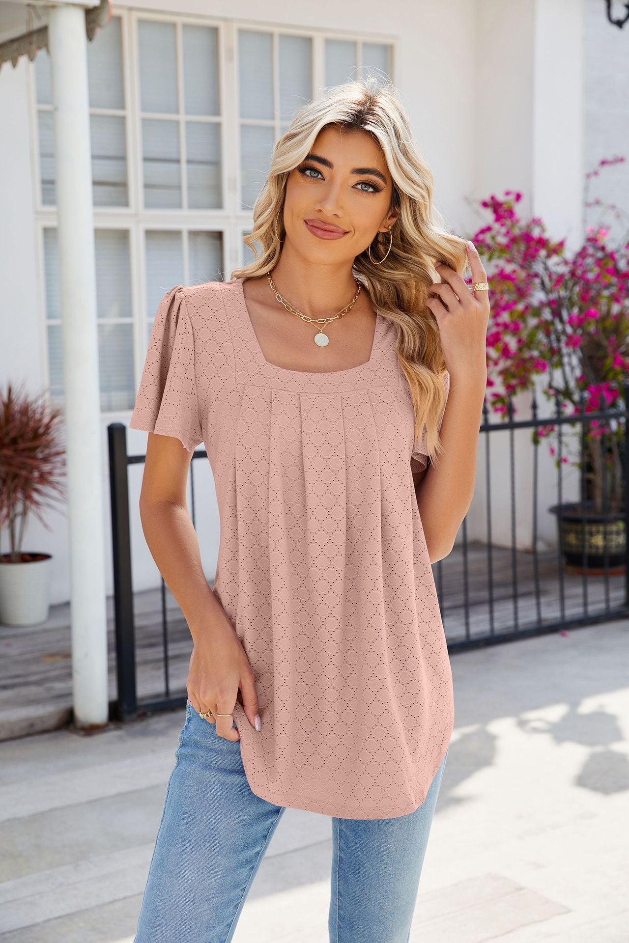 Spring Summer Solid Color Square Collar Pleated Short Sleeves Loose Fitting T shirt Top Women