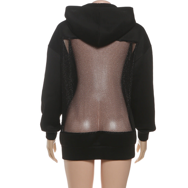 Autumn Winter Women Clothing Sexy See through Mesh Stitching Long Sleeve Hooded Sweater Women
