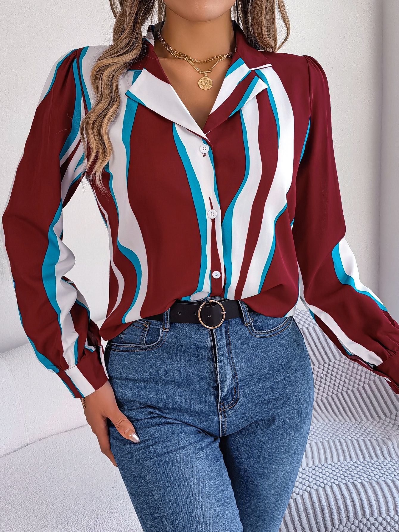 Autumn Winter Casual Contrast Color Striped Suit Collar Long Sleeve Shirt Women