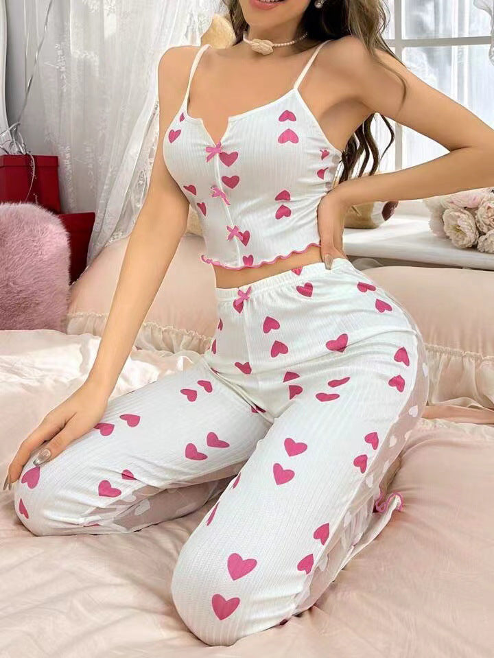 Printed Color Contrast Patchwork Mesh Pajamas Front Split Sling Pajamas Set