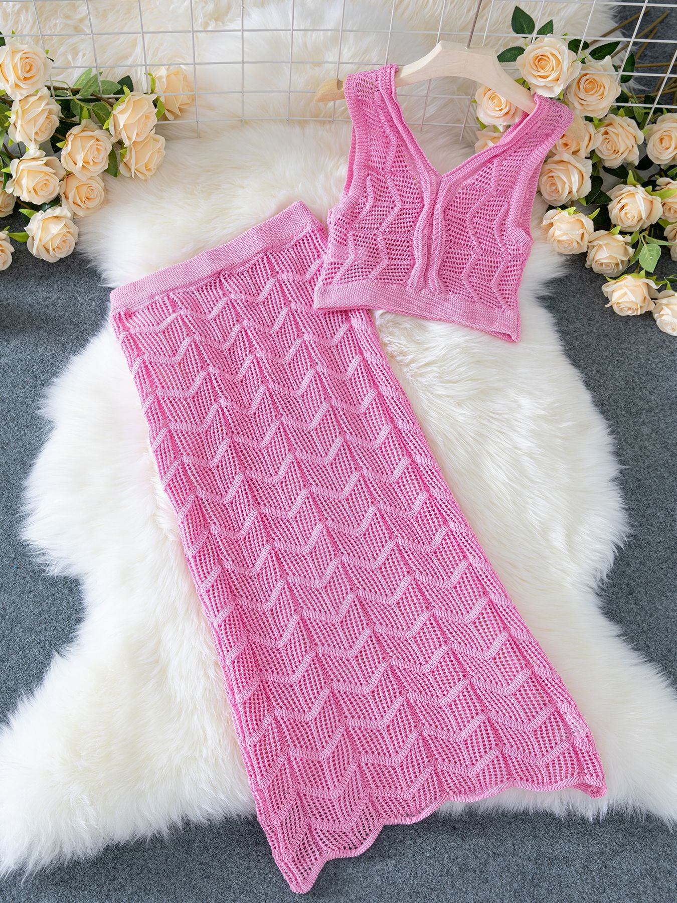 Women Clothing Casual Sexy Short Sling Top Split Skirt Set Beachwear