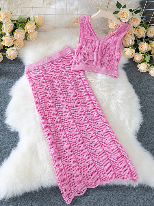 Women Clothing Casual Sexy Short Sling Top Split Skirt Set Beachwear
