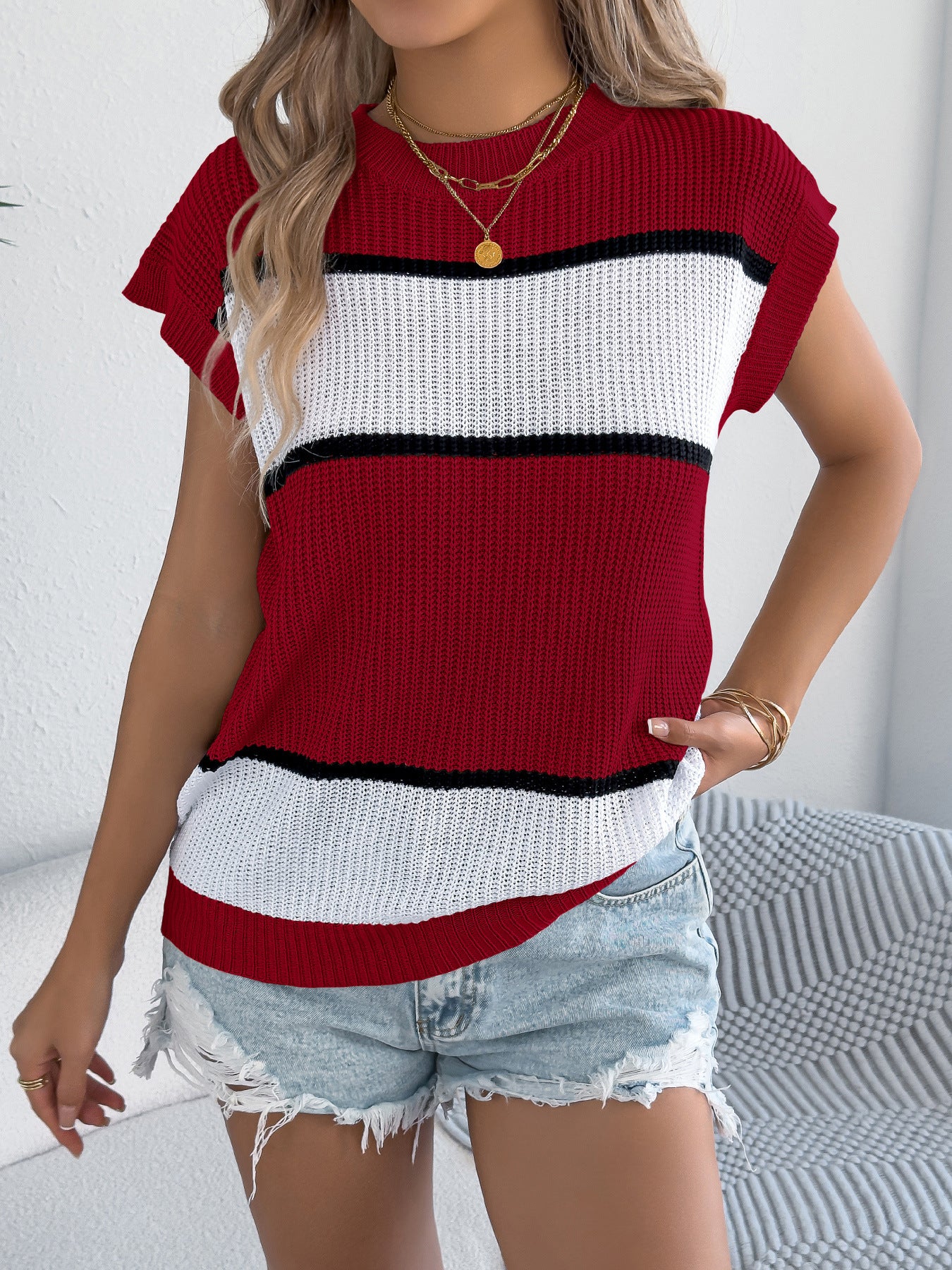 Spring Summer Contrast Color Striped Casual Loose Knitwear Holiday Top Women Clothing