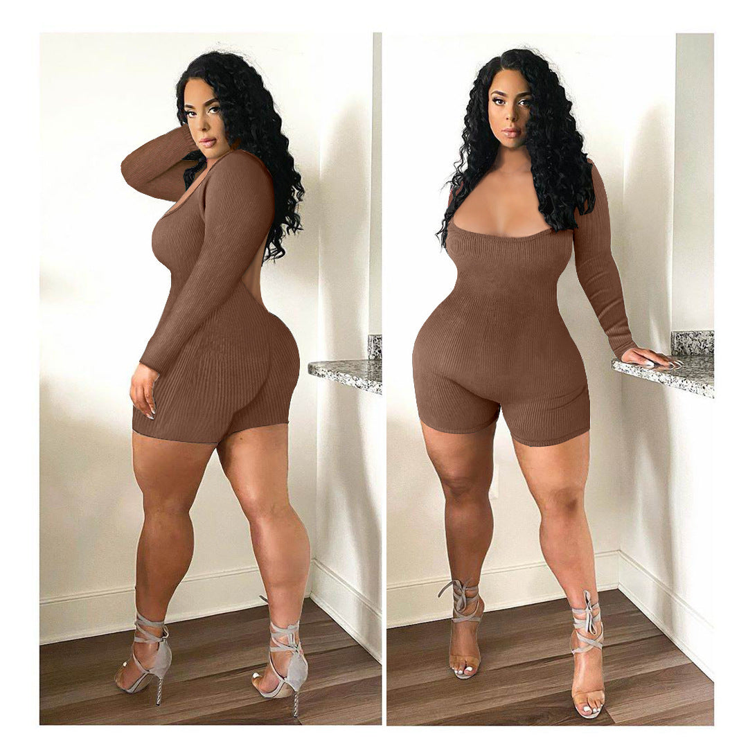 Women Clothing Goods Comfortable Rib Fabric Solid Color Sexy Backless Jumpsuit