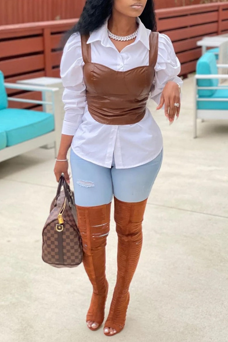 Women Clothing Spring Summer Solid Color Faux Leather Sleeveless Spaghetti Straps Corset Zipper Vest