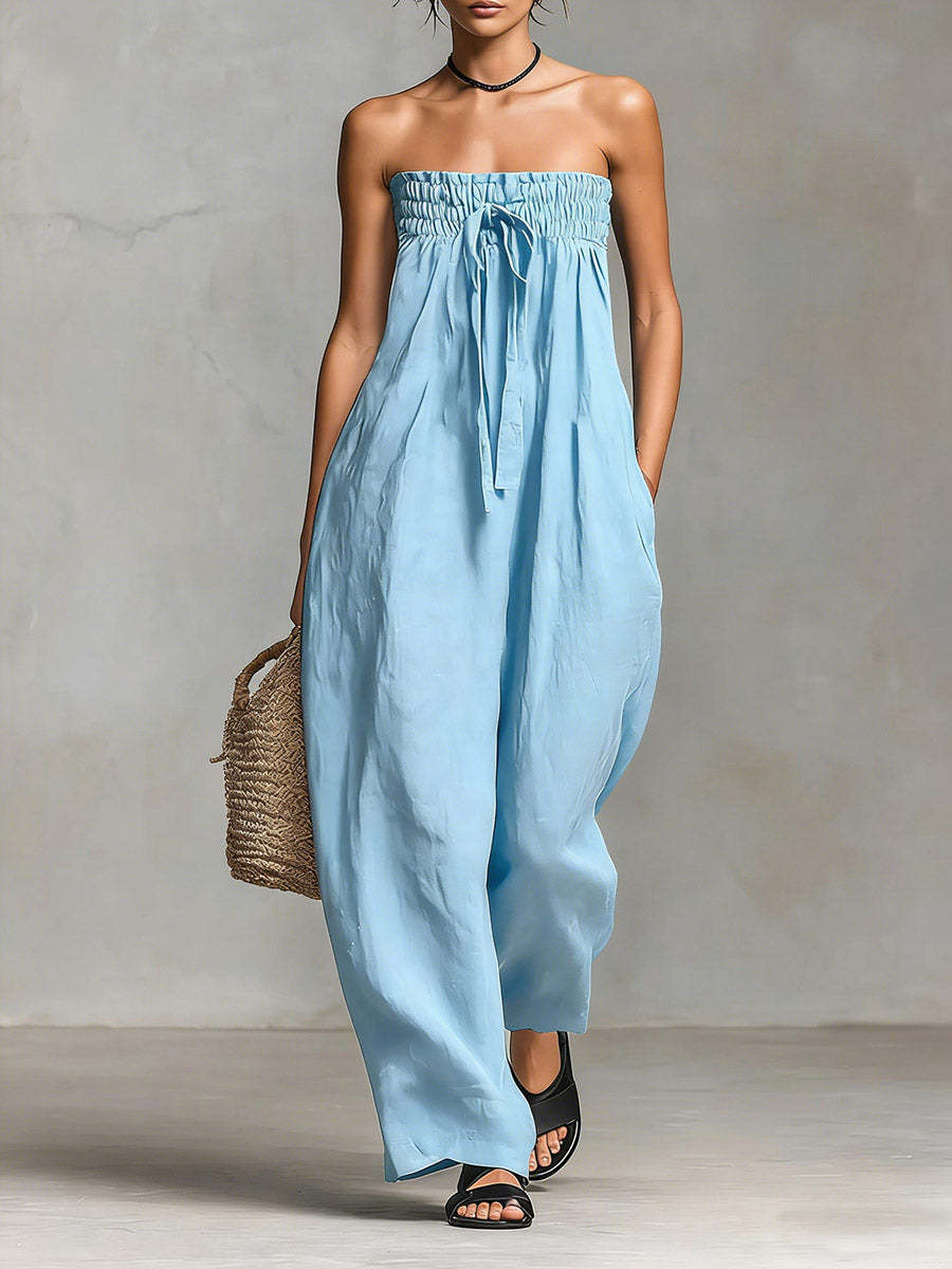 Women Spring Clothing Lace up Tube Top Smocking Jumpsuit Strapless