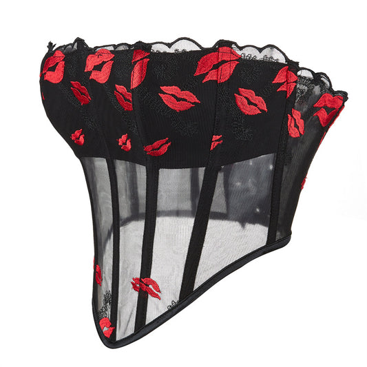 Mesh Red Lip Print Pattern Women Tube Top Breathable Court Top
